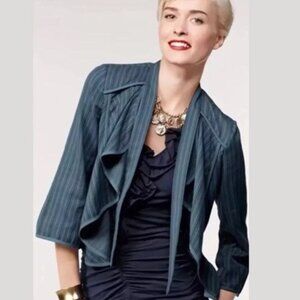 CAbi Cascade Blue Striped 3/4 Sleeve Must Have Open Front Jacket Size M EUC